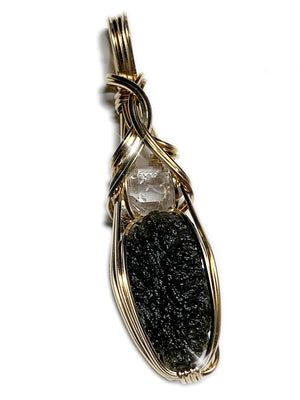 Rocks2Rings Moldavite Herkimer Diamond Pendant 14k Gold Fill